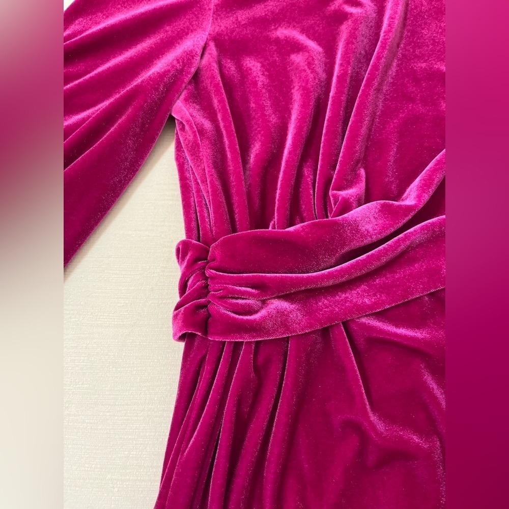 One33 Social Hot Pink Velvet Cutout Mini Dress Draped Front Balloon Sleeve Glam - Picture 5 of 15